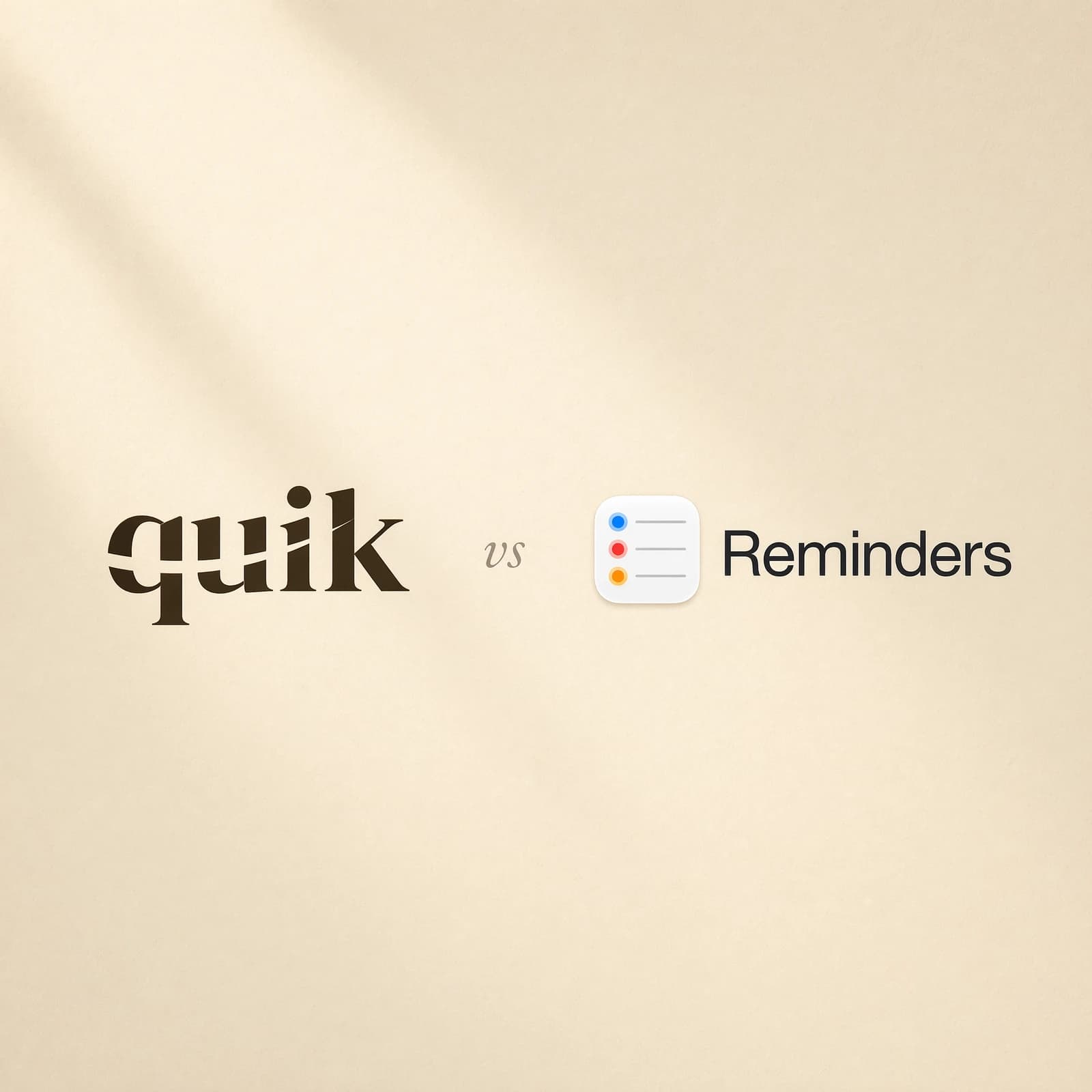 quik.md wordmark next to the Apple Reminders wordmark with a small italic vs between them, on warm cream paper