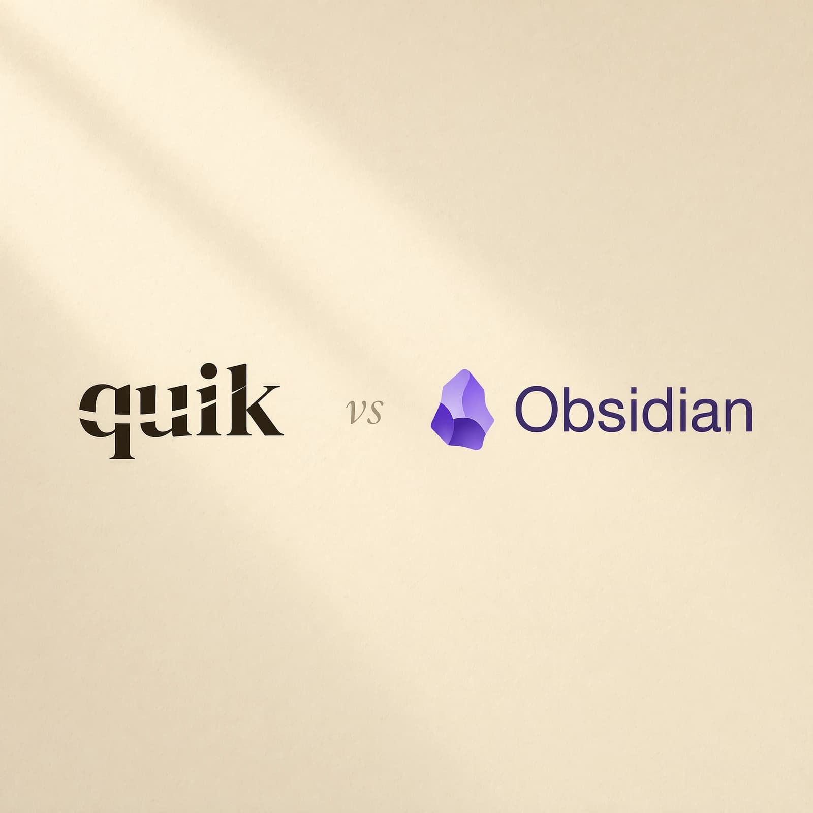 quik.md wordmark next to the Obsidian wordmark with a small italic vs between them, on warm cream paper