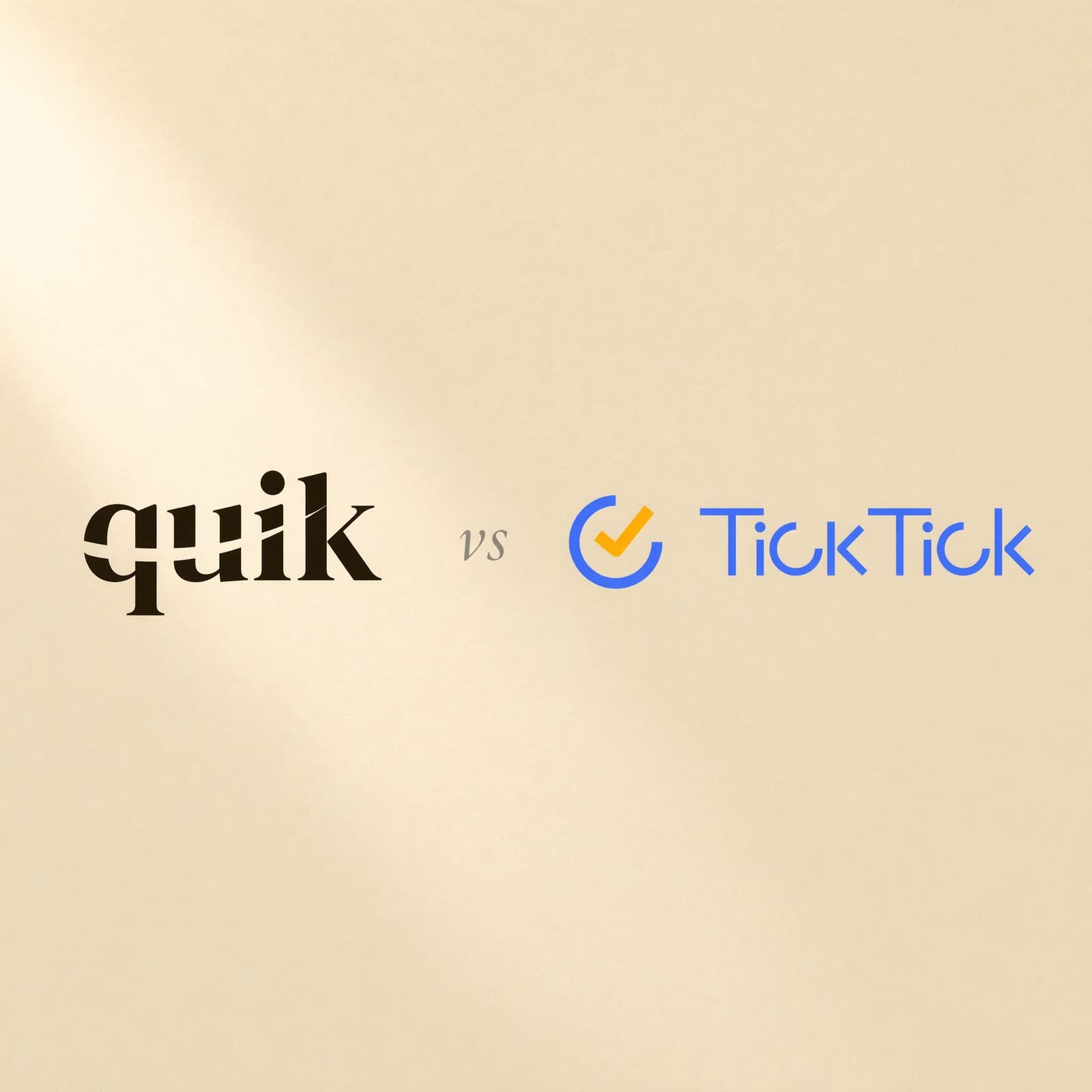 quik.md wordmark next to the TickTick wordmark with a small italic vs between them, on warm cream paper