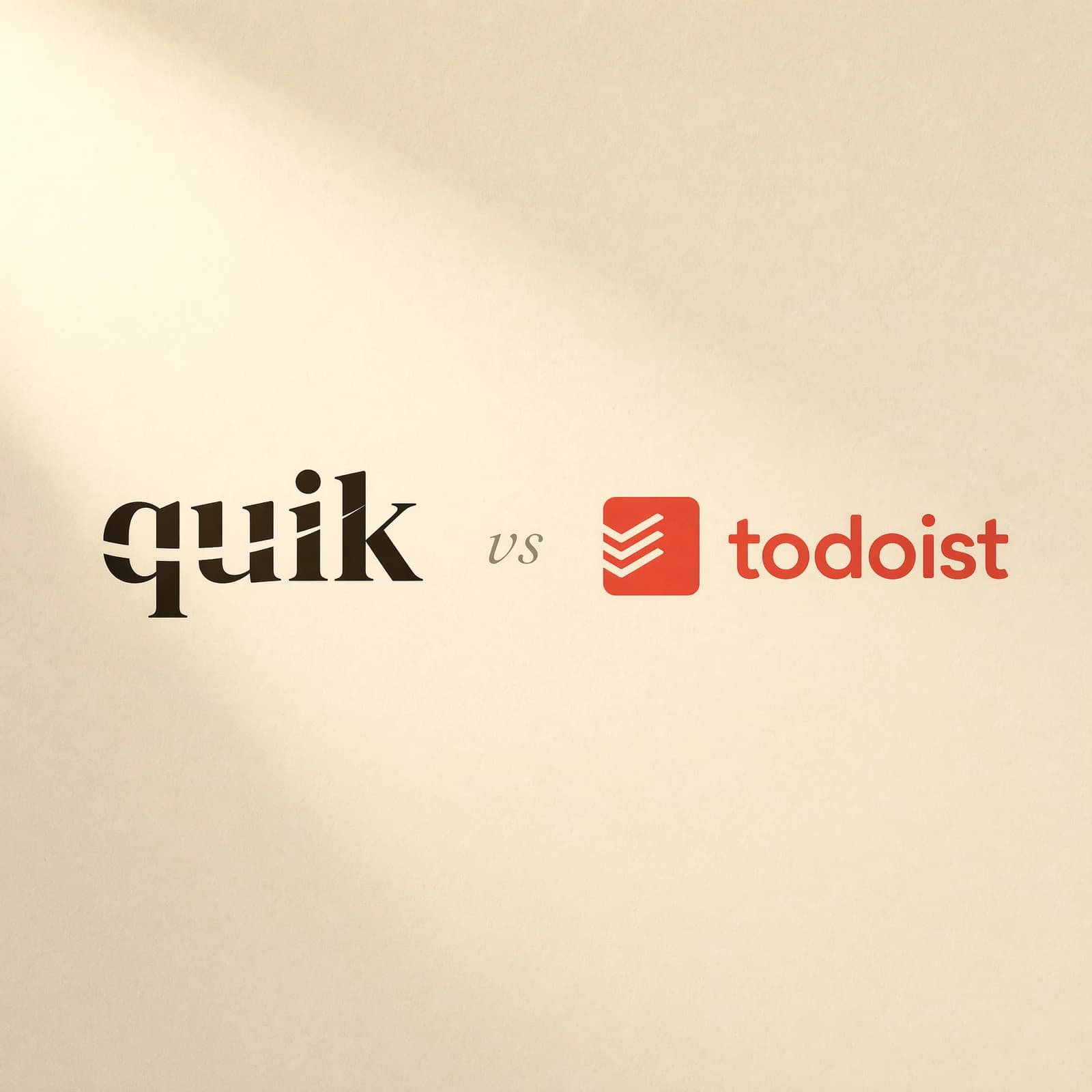 quik.md wordmark next to the Todoist wordmark with a small italic vs between them, on warm cream paper